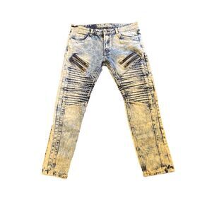 Trillnation Men’s 36 Bleached Moto Jeans Zippered Biker Slim Fit Vintage Y2K